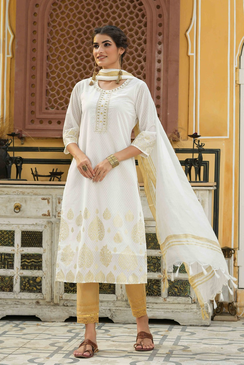 Juniper Off - White Georgette Festive Printed Straight Kurta Dupatta Set For Women | Grocsy