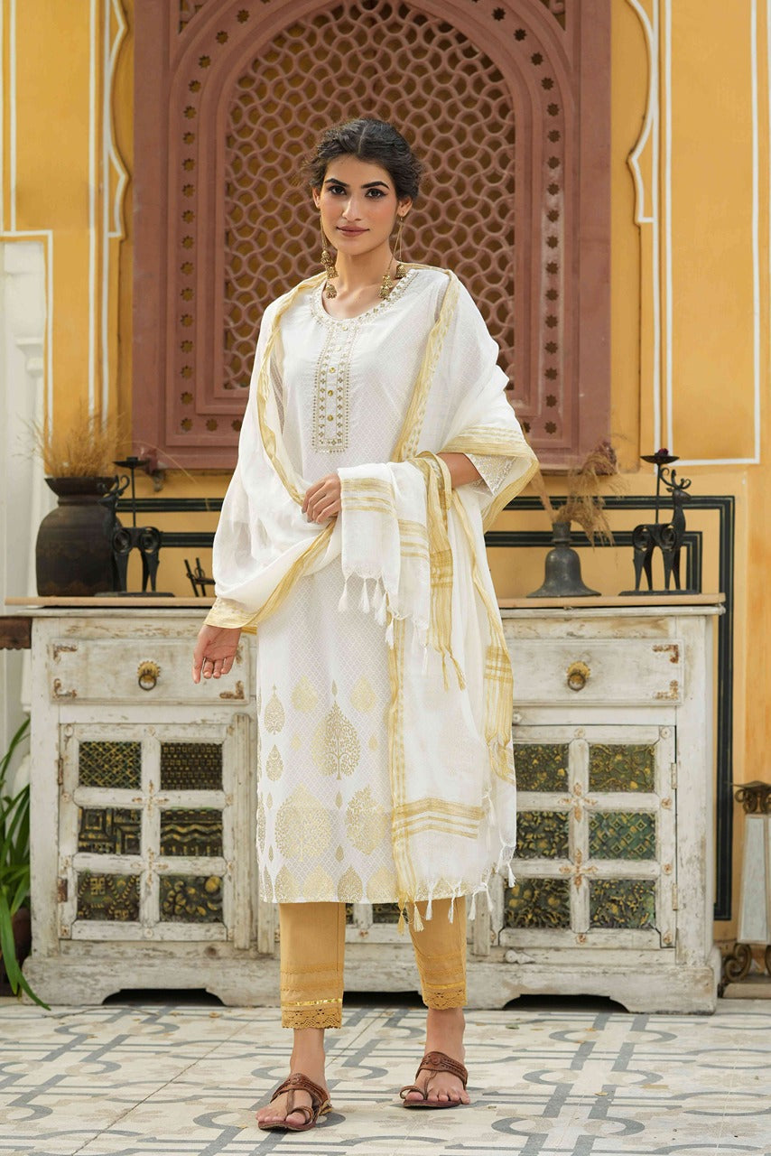 Juniper Off - White Georgette Festive Printed Straight Kurta Dupatta Set For Women | Grocsy