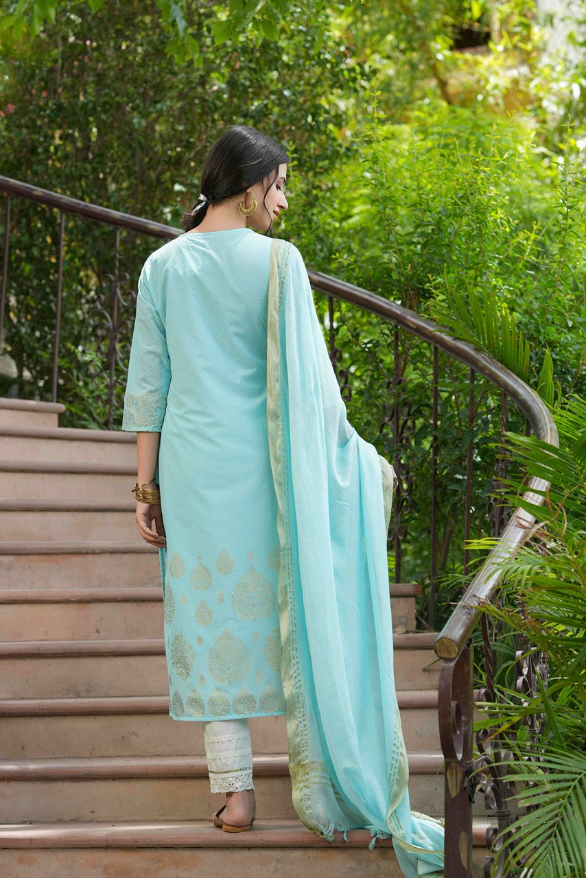 Juniper Sky Blue Georgette Festive Printed Straight Kurta Dupatta Set For Women | Grocsy