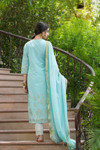 Juniper Sky Blue Georgette Festive Printed Straight Kurta Dupatta Set For Women | Grocsy