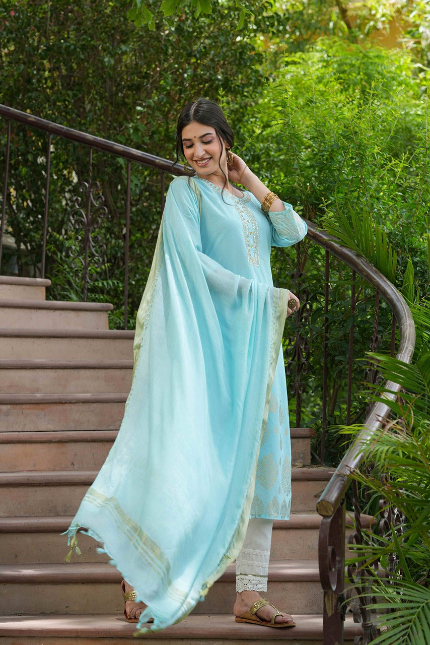 Juniper Sky Blue Georgette Festive Printed Straight Kurta Dupatta Set For Women | Grocsy