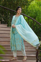 Juniper Sky Blue Georgette Festive Printed Straight Kurta Dupatta Set For Women | Grocsy