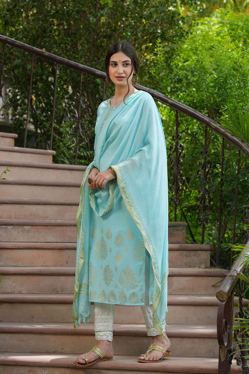 Juniper Sky Blue Georgette Festive Printed Straight Kurta Dupatta Set For Women | Grocsy