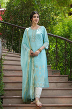 Juniper Sky Blue Georgette Festive Printed Straight Kurta Dupatta Set For Women | Grocsy