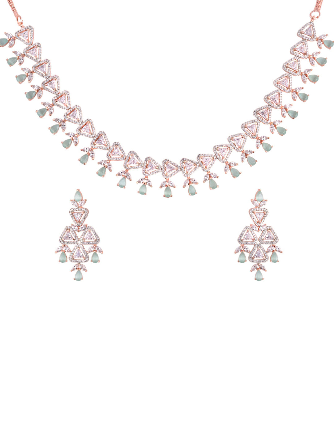 Saraf RS Jewellery Rose Gold-Polished White & Sea Green AD-Studded Handcrafted Jewellery Set | Grocsy