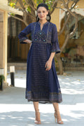 Juniper Indigo Georgette Festive Printed Flared Dress For Women | Grocsy
