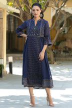Juniper Indigo Georgette Festive Printed Flared Dress For Women | Grocsy
