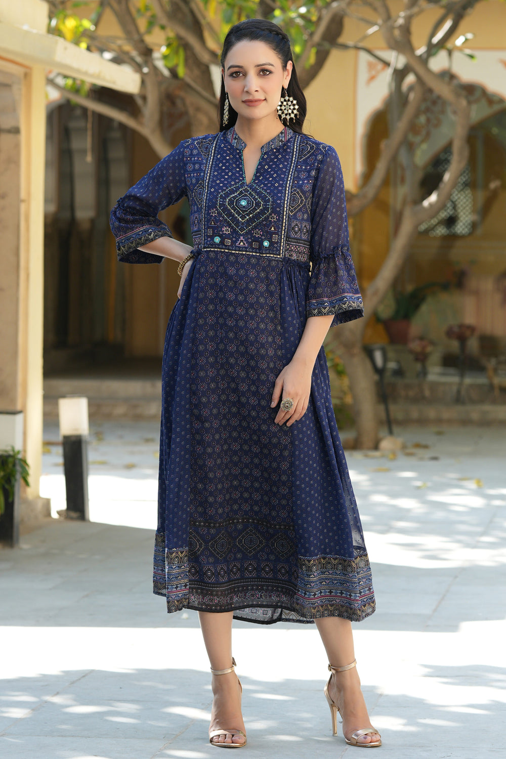 Juniper Indigo Georgette Festive Printed Flared Dress For Women | Grocsy
