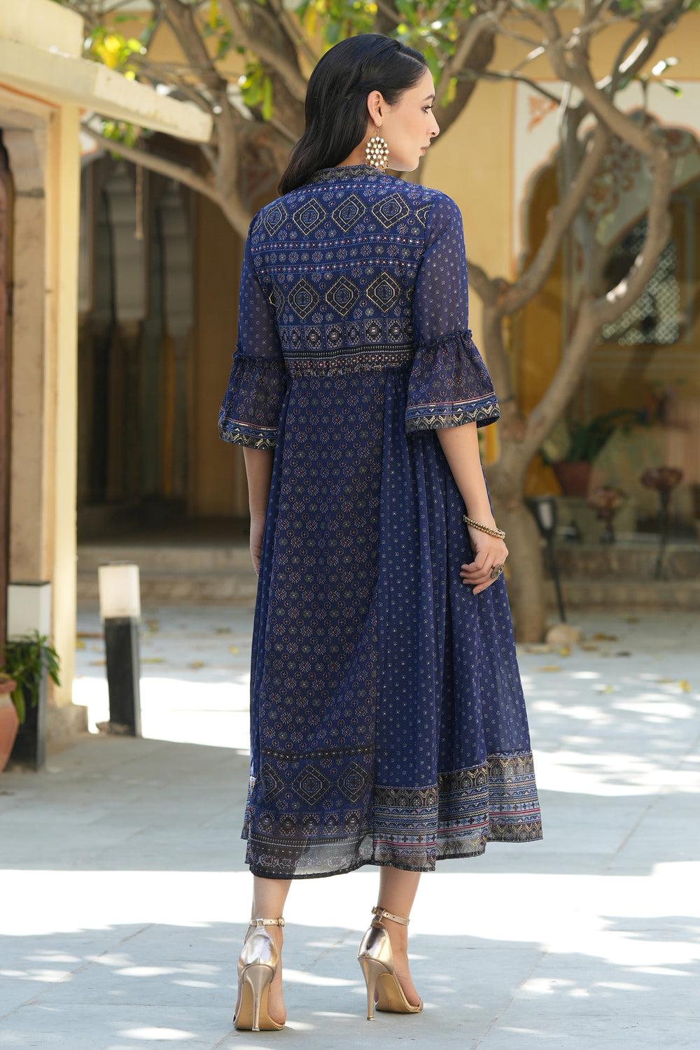 Juniper Indigo Georgette Festive Printed Flared Dress For Women | Grocsy