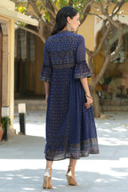 Juniper Indigo Georgette Festive Printed Flared Dress For Women | Grocsy