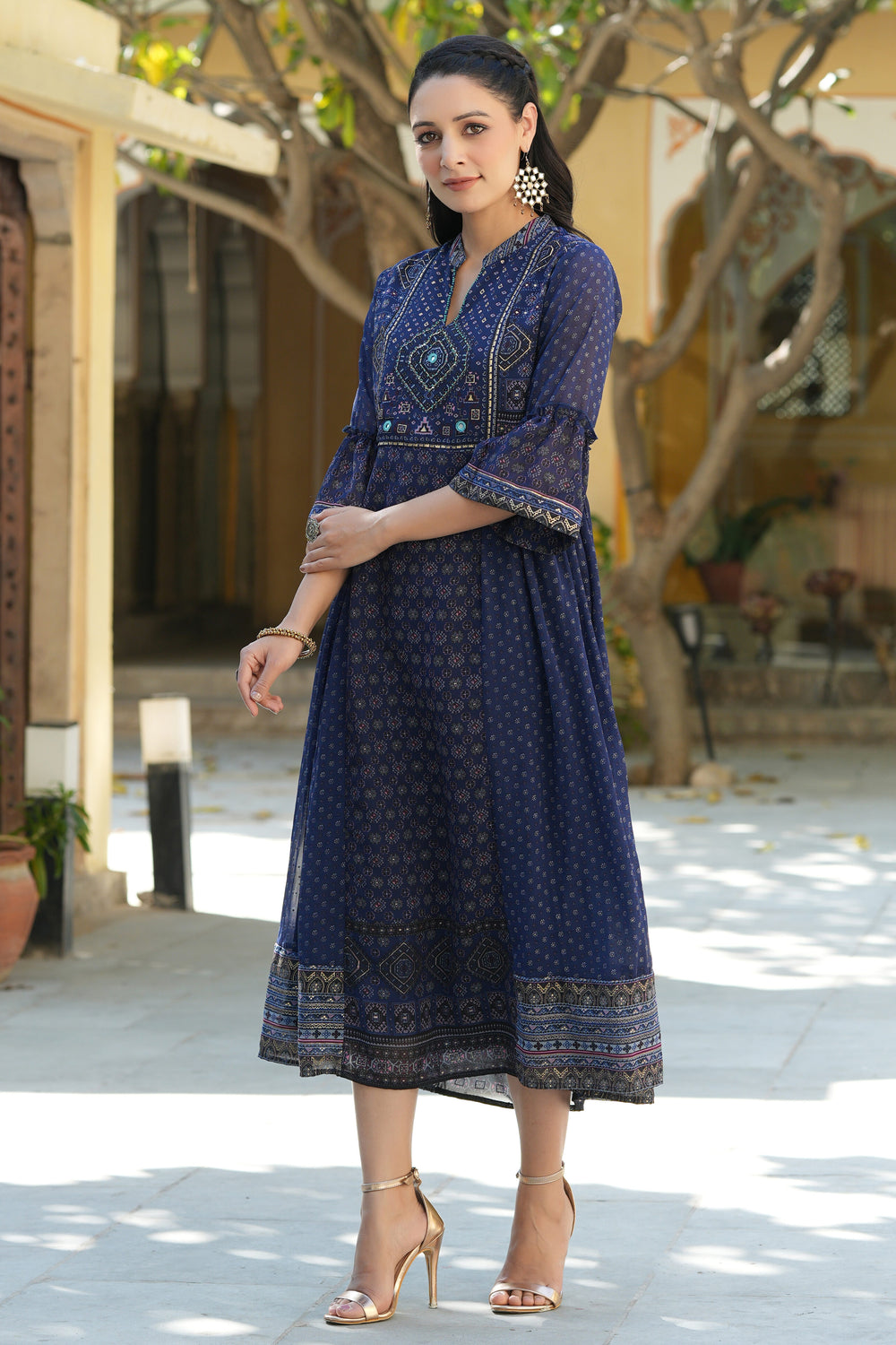 Juniper Indigo Georgette Festive Printed Flared Dress For Women | Grocsy