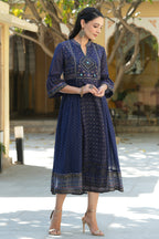 Juniper Indigo Georgette Festive Printed Flared Dress For Women | Grocsy