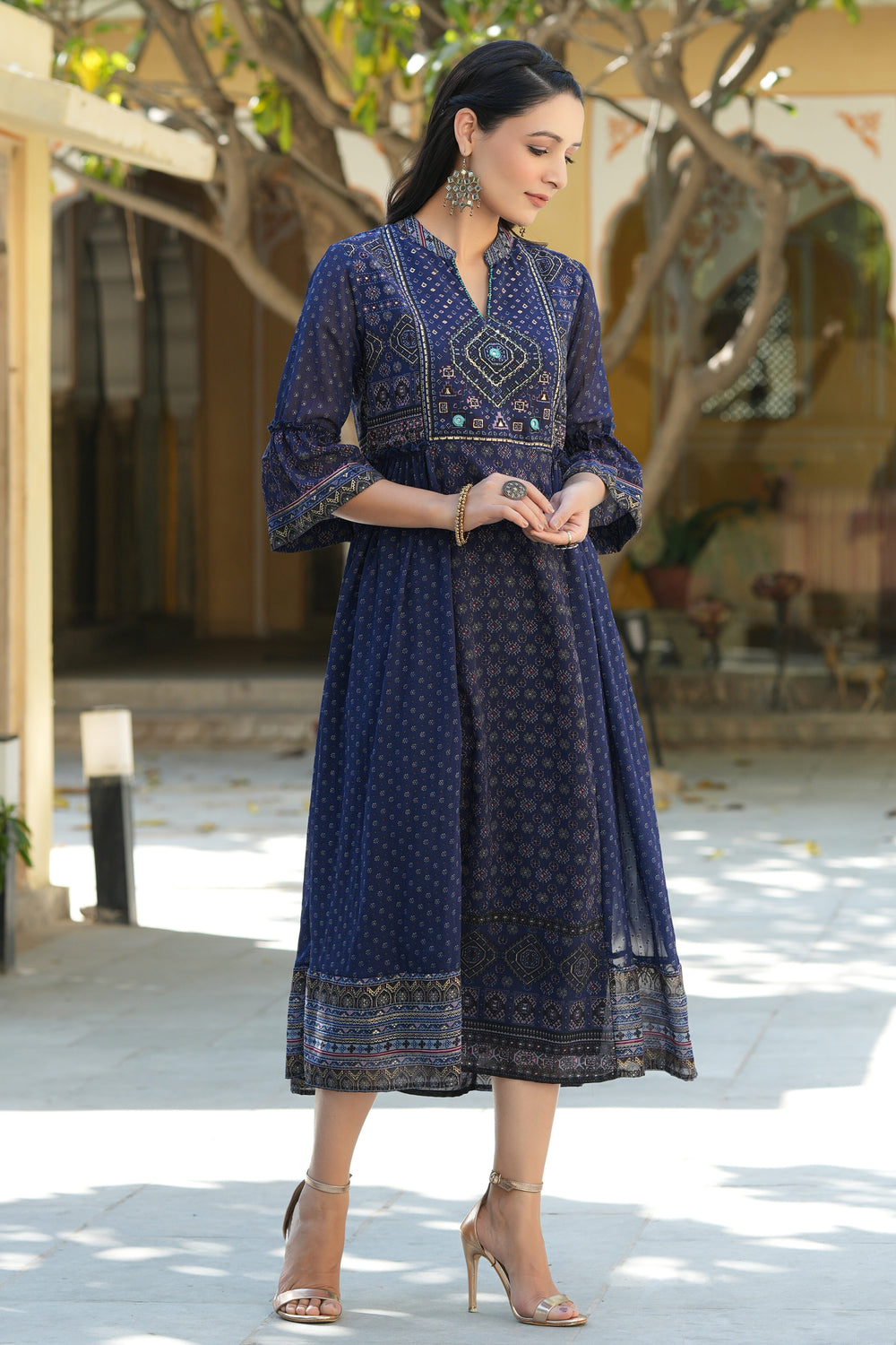 Juniper Indigo Georgette Festive Printed Flared Dress For Women | Grocsy