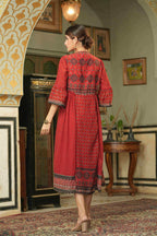 Juniper Red Georgette Festive Printed Flared Dress For Women | Grocsy