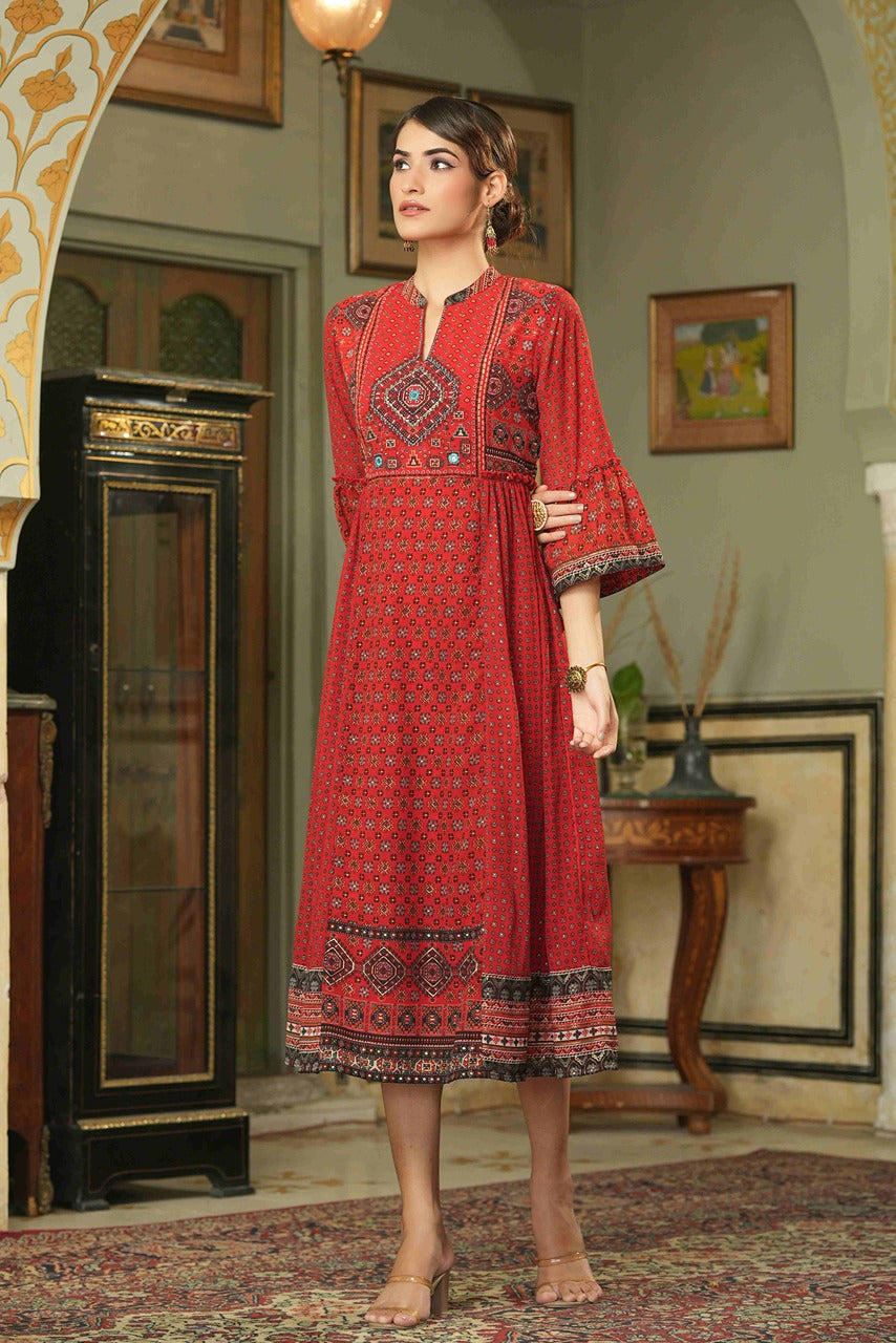 Juniper Red Georgette Festive Printed Flared Dress For Women | Grocsy