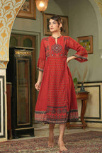 Juniper Red Georgette Festive Printed Flared Dress For Women | Grocsy