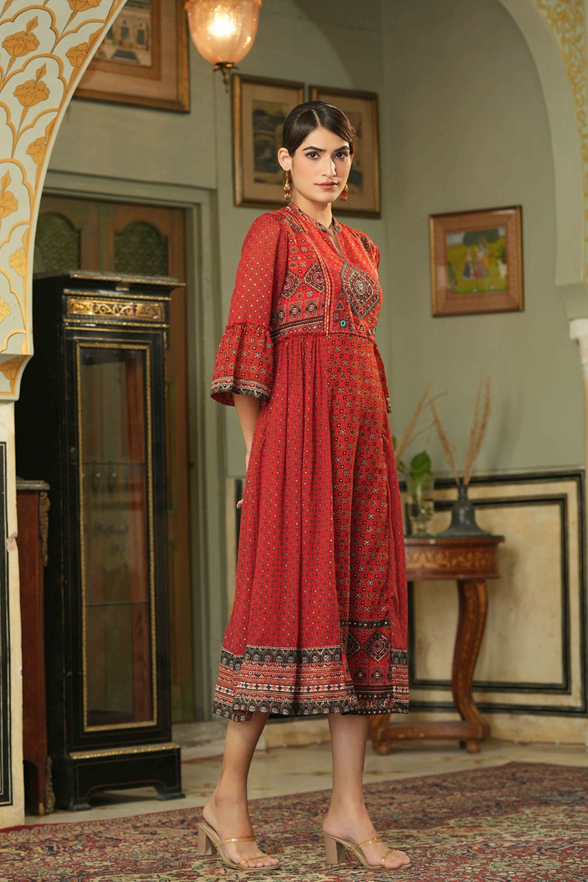 Juniper Red Georgette Festive Printed Flared Dress For Women | Grocsy