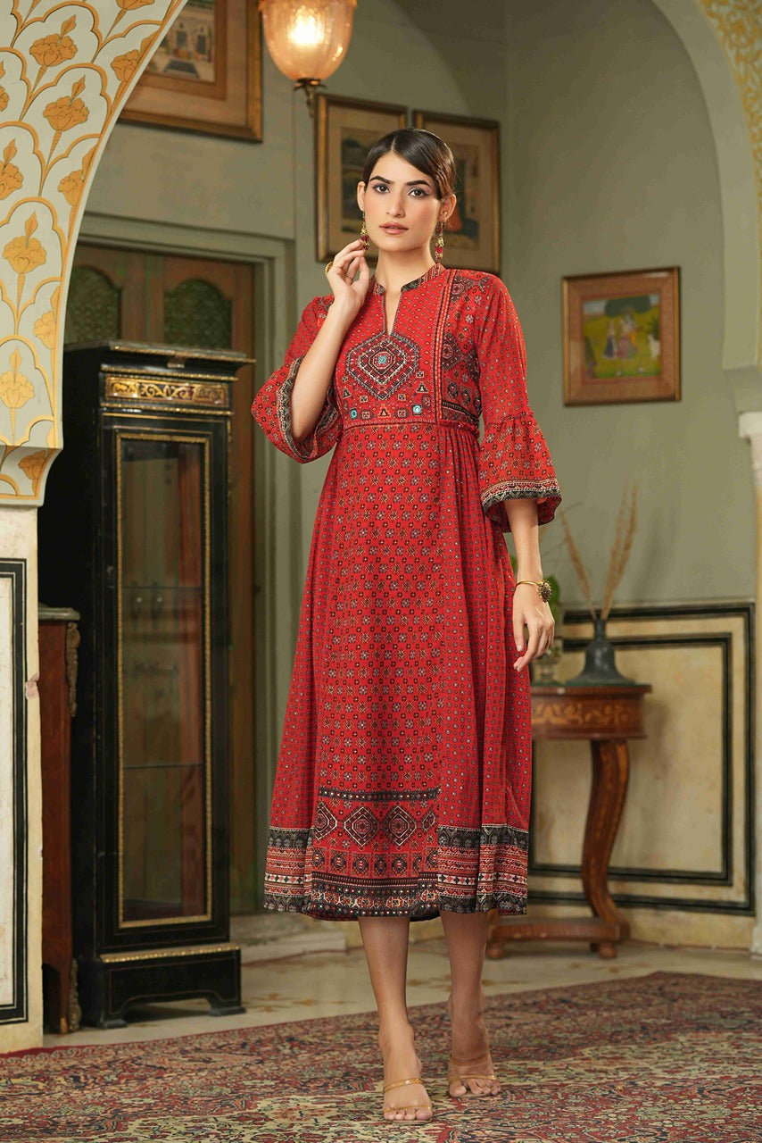 Juniper Red Georgette Festive Printed Flared Dress For Women | Grocsy