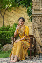 Juniper Mustard Chanderi Festive Printed Flared Kurta For Women | Grocsy