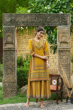 Juniper Mustard Chanderi Festive Printed Flared Kurta For Women | Grocsy