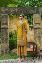 Juniper Mustard Chanderi Festive Printed Flared Kurta For Women | Grocsy