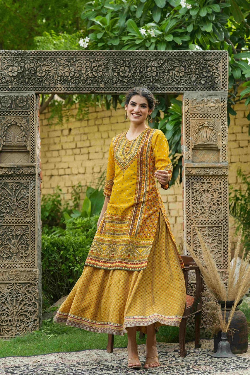 Juniper Mustard Chanderi Festive Printed Flared Kurta For Women | Grocsy