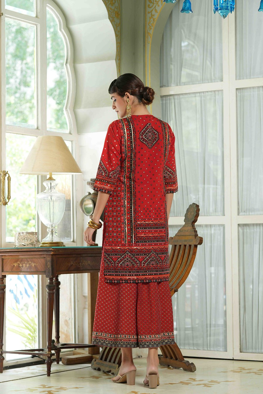 Juniper Red Chanderi Festive Printed Flared Kurta For Women | Grocsy