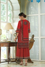 Juniper Red Chanderi Festive Printed Flared Kurta For Women | Grocsy
