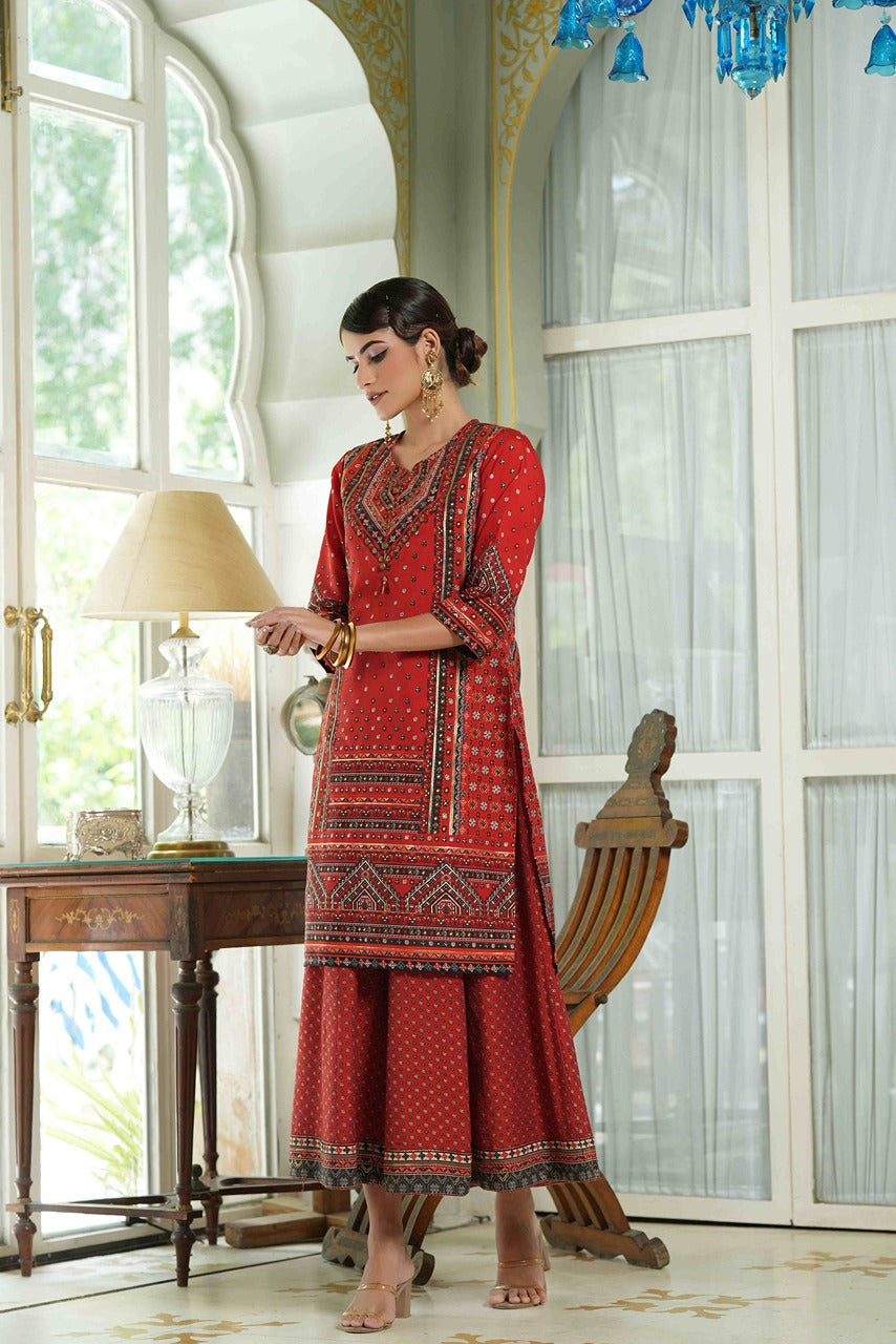 Juniper Red Chanderi Festive Printed Flared Kurta For Women | Grocsy