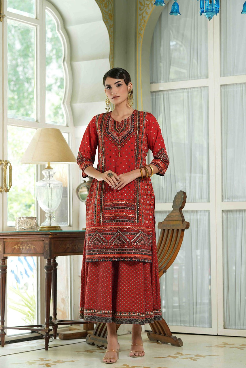 Juniper Red Chanderi Festive Printed Flared Kurta For Women | Grocsy