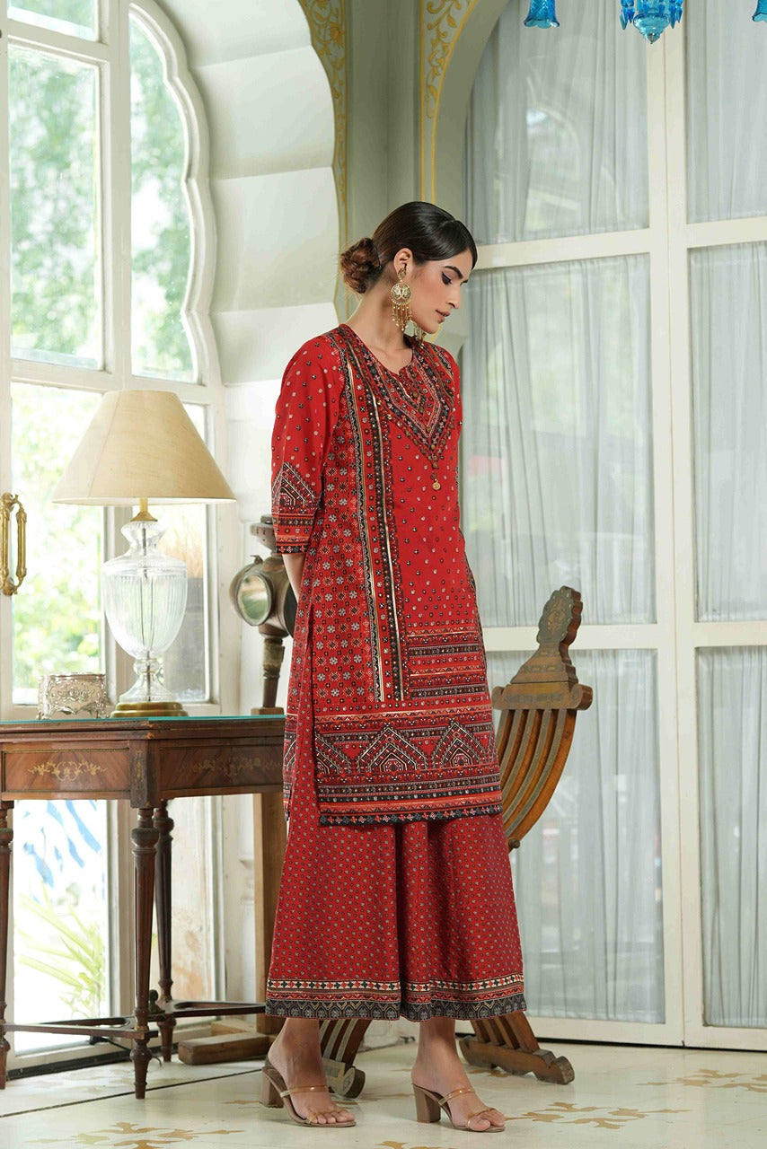 Juniper Red Chanderi Festive Printed Flared Kurta For Women | Grocsy