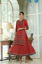 Juniper Red Chanderi Festive Printed Flared Kurta For Women | Grocsy