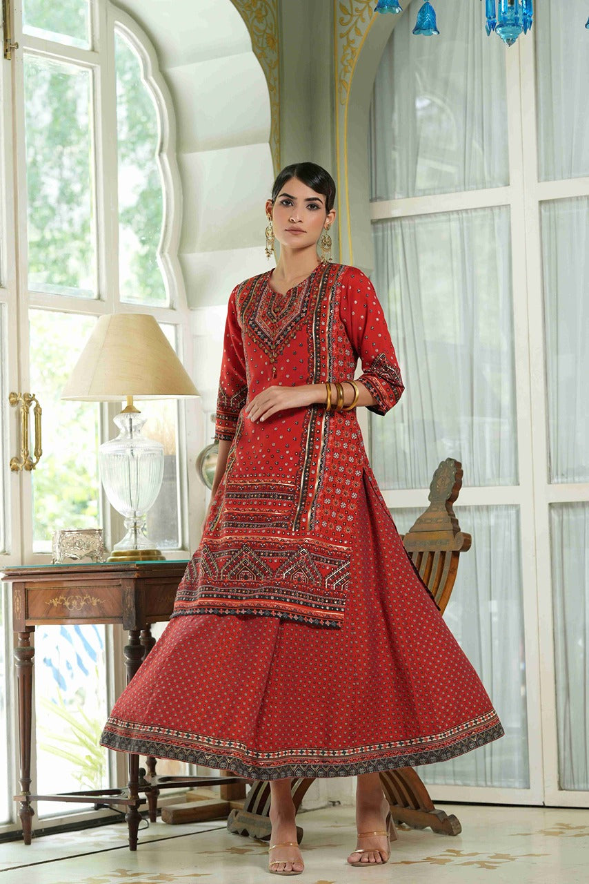 Juniper Red Chanderi Festive Printed Flared Kurta For Women | Grocsy