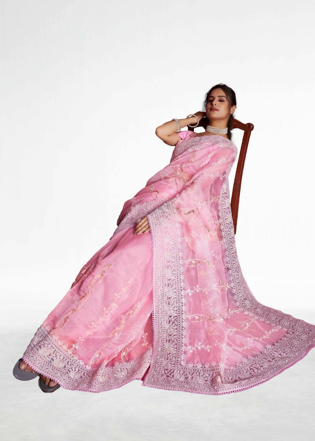 Vamsee Pink Organza Saree | Grocsy