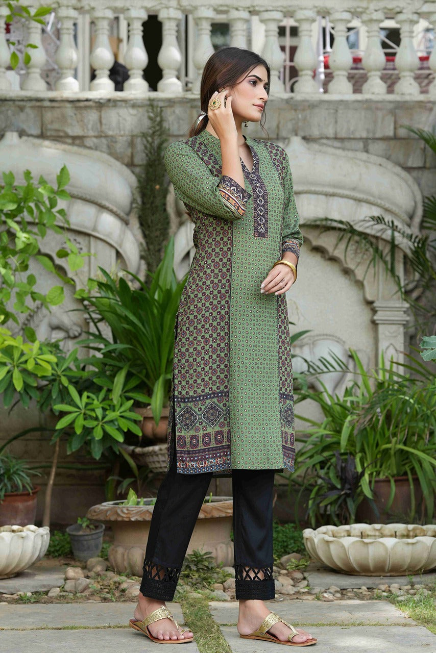 Juniper Green Rayon Festive Gold Foil Printed Straight Kurta For Women | Grocsy