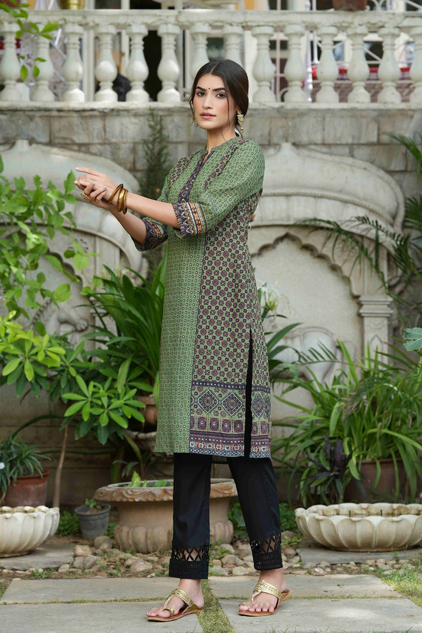 Juniper Green Rayon Festive Gold Foil Printed Straight Kurta For Women | Grocsy