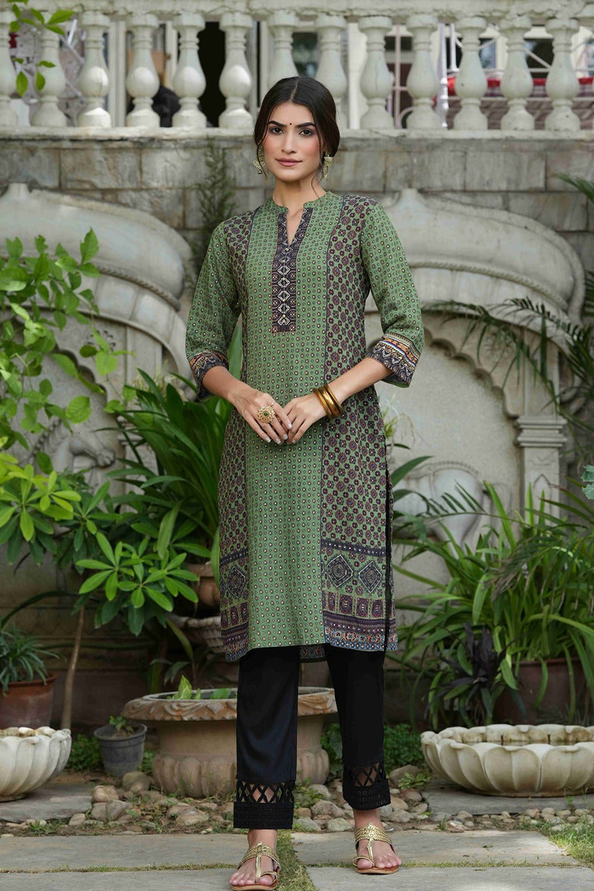 Juniper Green Rayon Festive Gold Foil Printed Straight Kurta For Women | Grocsy