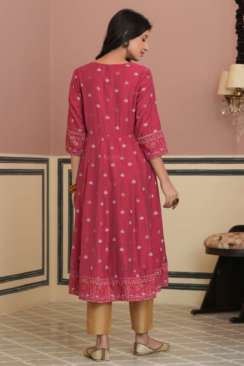 Juniper Fuchsia Rayon Festive Handwork Sequence Anarkali Kurta For Women | Grocsy