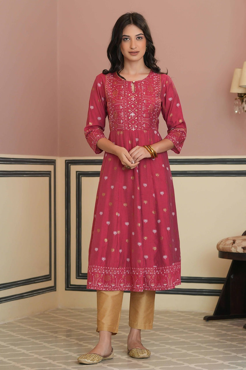 Juniper Fuchsia Rayon Festive Handwork Sequence Anarkali Kurta For Women | Grocsy