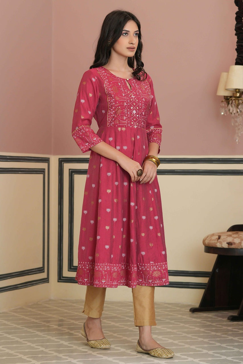 Juniper Fuchsia Rayon Festive Handwork Sequence Anarkali Kurta For Women | Grocsy