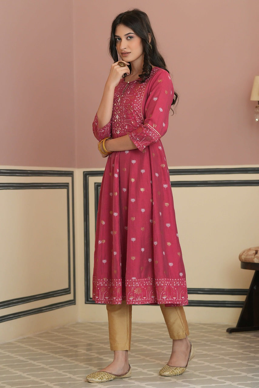 Juniper Fuchsia Rayon Festive Handwork Sequence Anarkali Kurta For Women | Grocsy