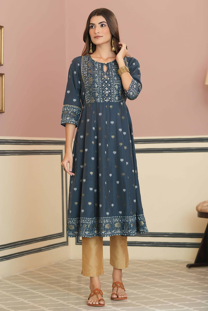 Juniper Teal Rayon Festive Handwork Sequence Anarkali Kurta For Women | Grocsy