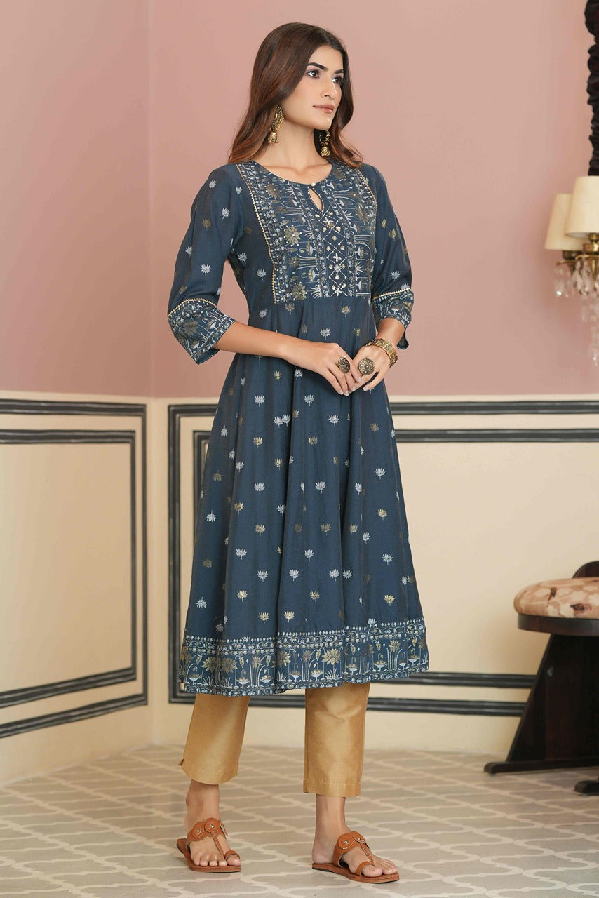 Juniper Teal Rayon Festive Handwork Sequence Anarkali Kurta For Women | Grocsy