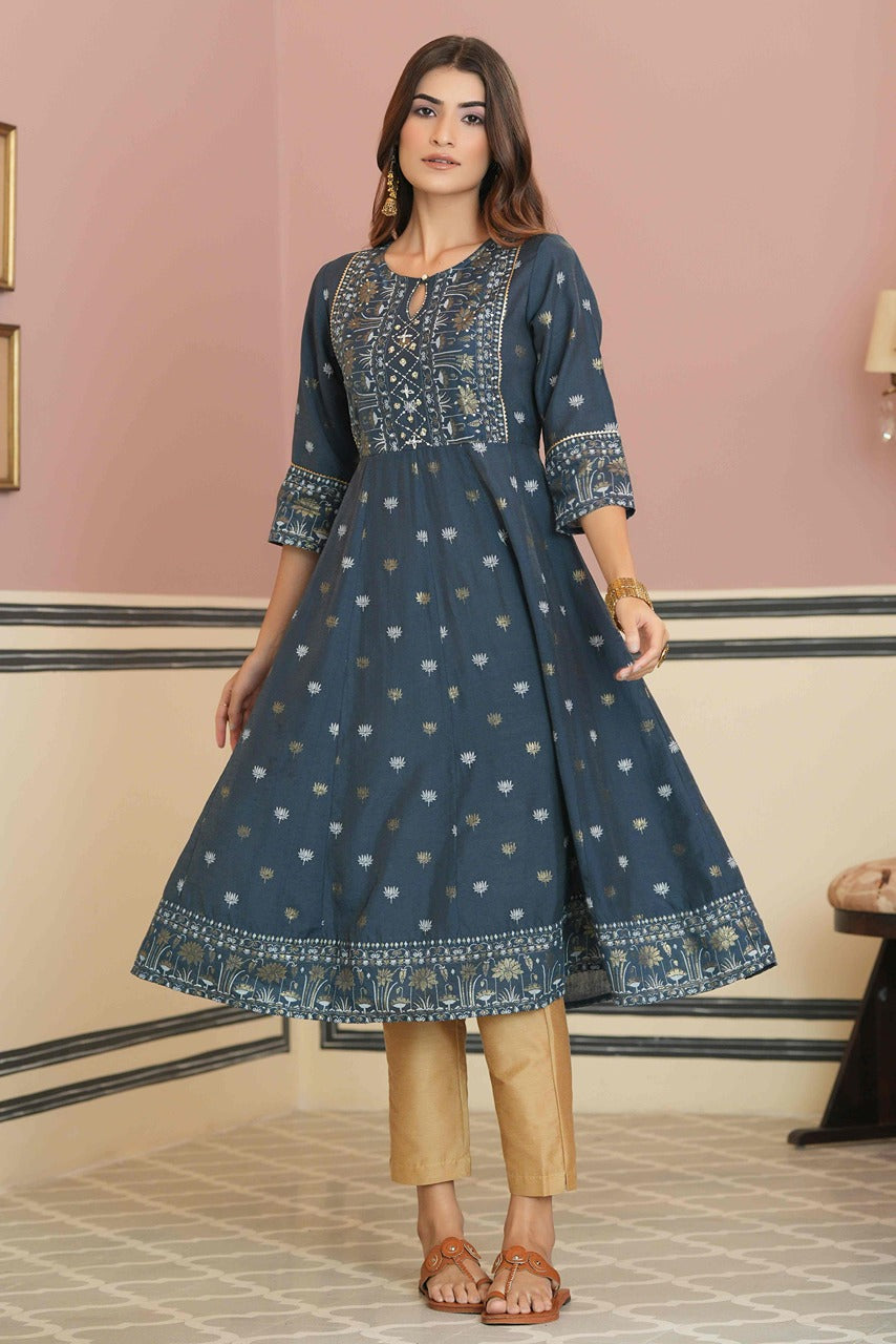 Juniper Teal Rayon Festive Handwork Sequence Anarkali Kurta For Women | Grocsy