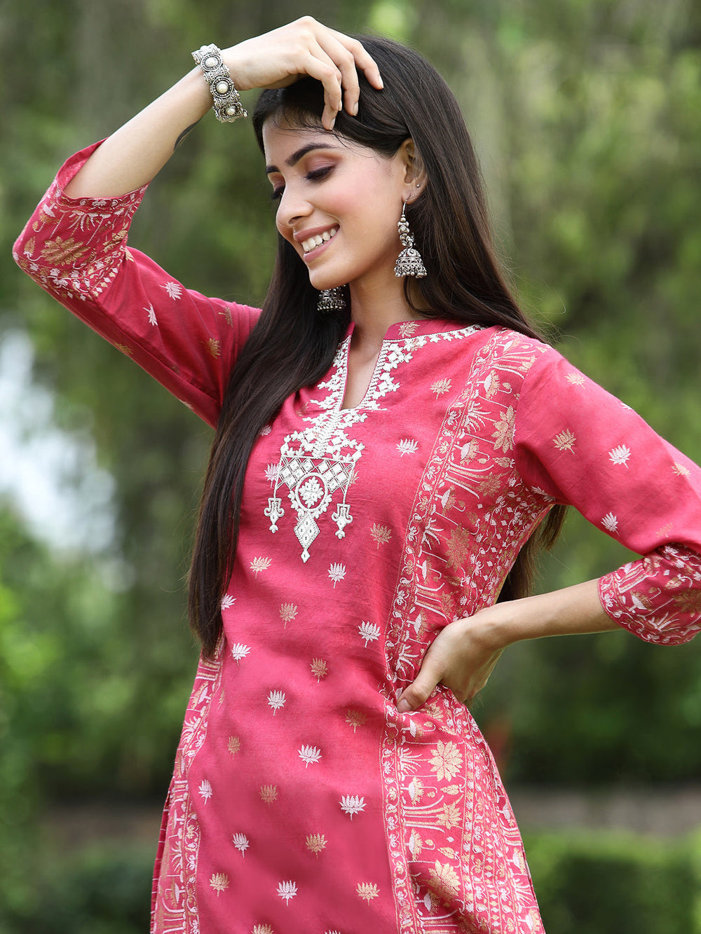 Juniper Women Fuchsia Rayon Festive Embroidered Straight Kurta | Grocsy