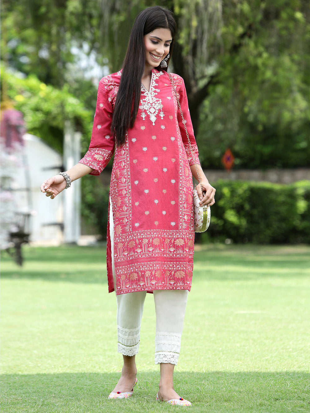 Juniper Women Fuchsia Rayon Festive Embroidered Straight Kurta | Grocsy