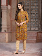 Juniper Women's Mustard Muslin Printed Straight Kurta | Grocsy