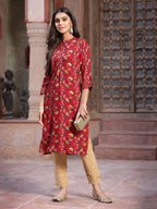Juniper Women's Red Muslin Printed Straight Kurta | Grocsy