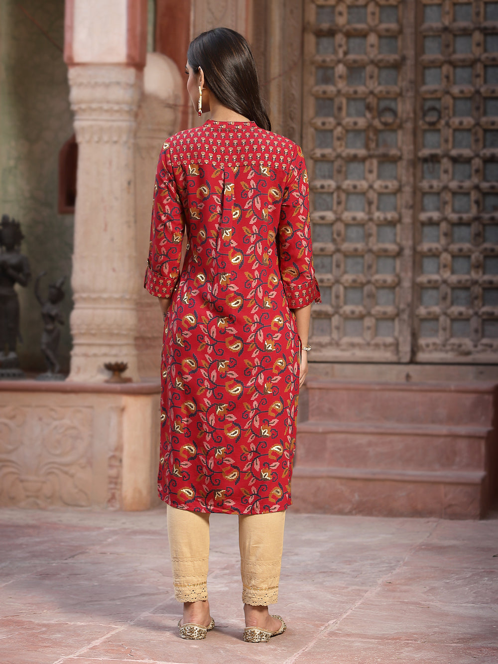 Juniper Women's Red Muslin Printed Straight Kurta | Grocsy