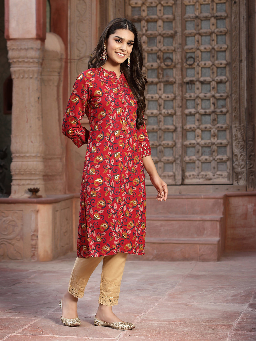 Juniper Women's Red Muslin Printed Straight Kurta | Grocsy